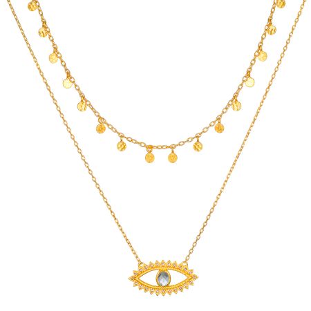 Evil Eye & Round disc necklace, Brass 22k gold plated necklace for women, Handmade jewelry